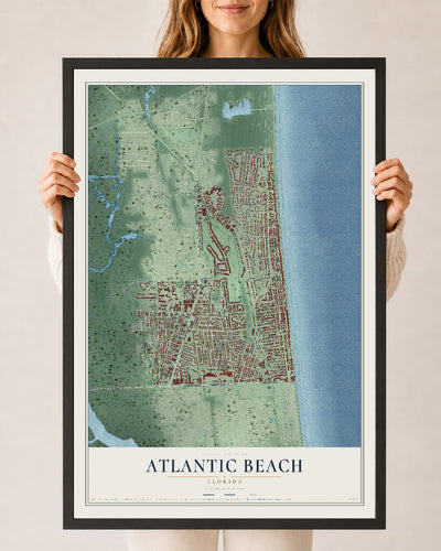 Atlantic Beach, Florida map print, 24" x 36" W/ Black Ayous Wood Frame mockup