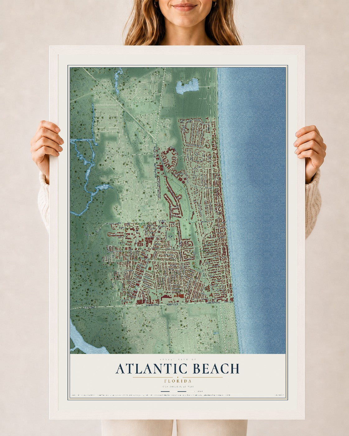 Atlantic Beach, Florida map print, 24" x 36" W/ White Ayous Wood Frame mockup