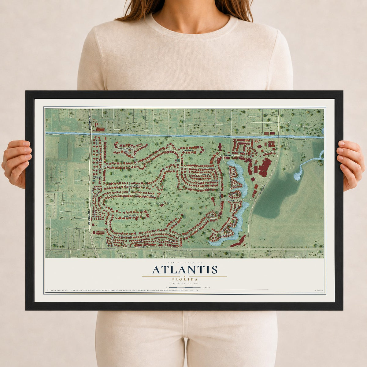 Atlantis, Florida map print, 12" x 18" W/ Black Ayous Wood Frame mockup