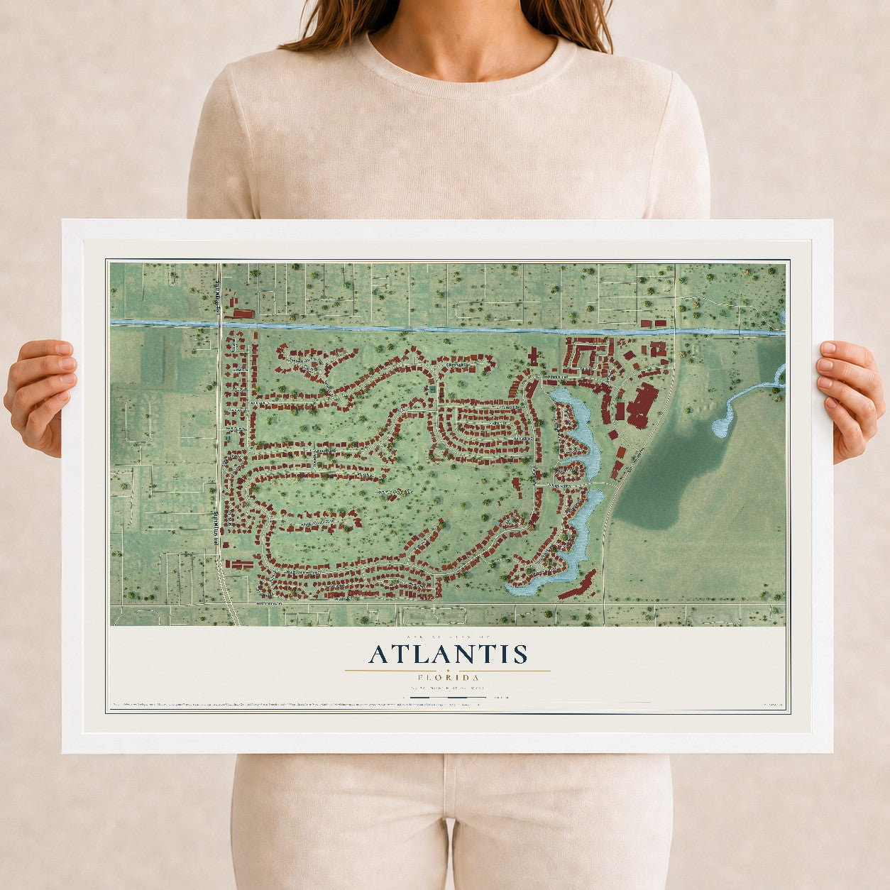 Atlantis, Florida map print, 12" x 18" W/ White Ayous Wood Frame mockup