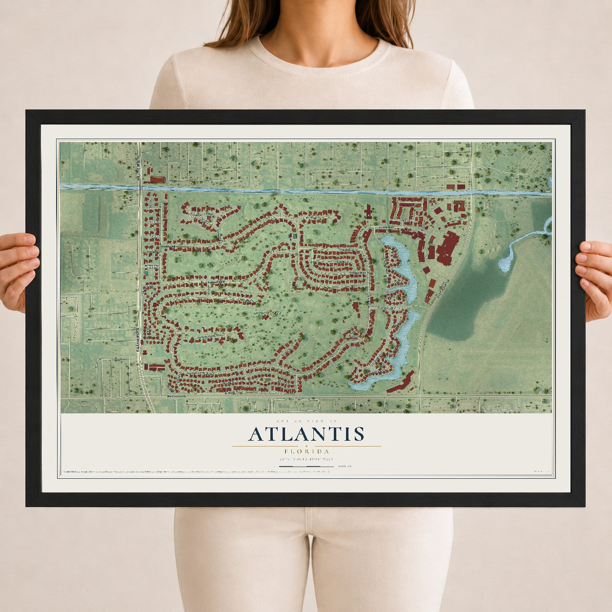 Atlantis, Florida map print, 18" x 24" W/ Black Ayous Wood Frame mockup