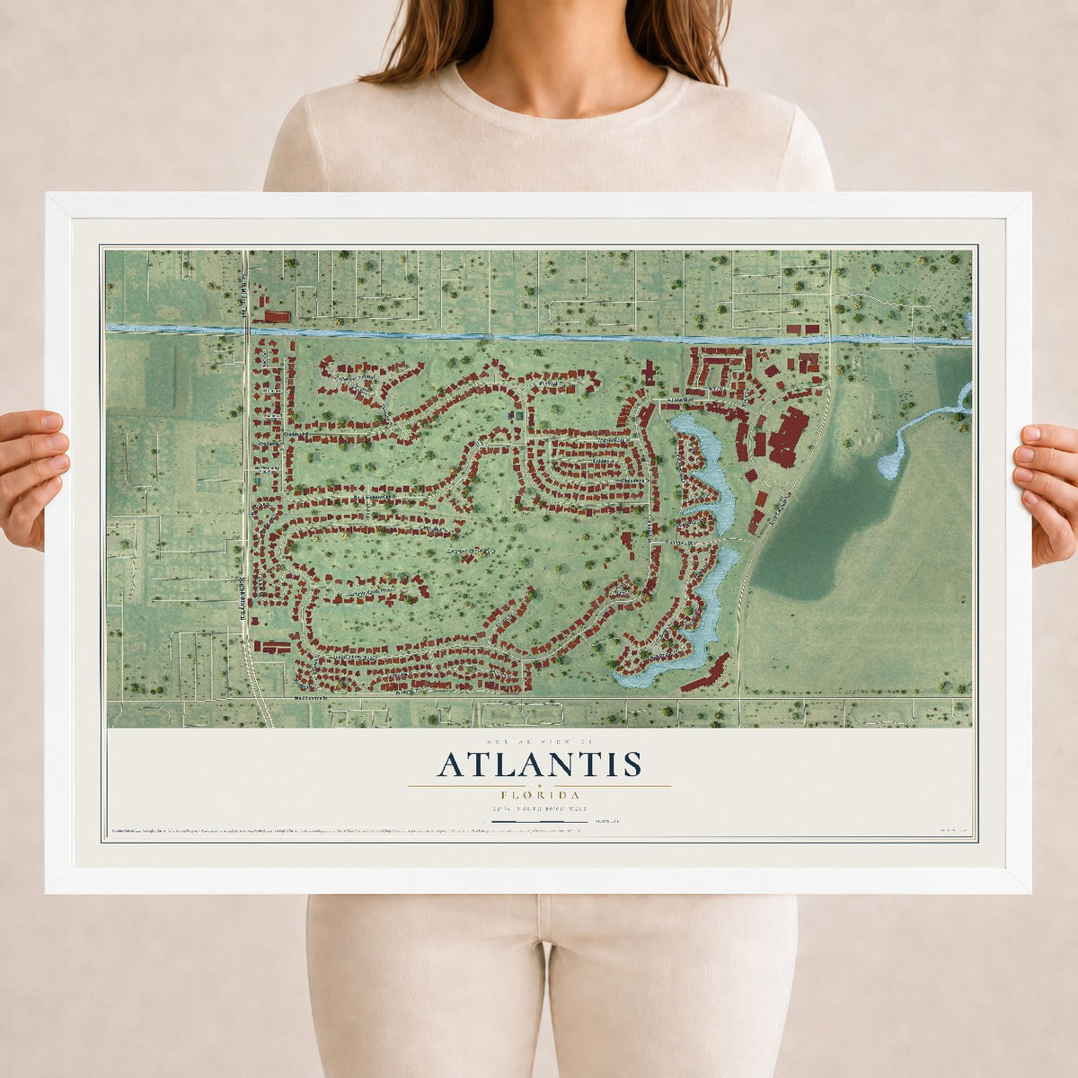 Atlantis, Florida map print, 18" x 24" W/ White Ayous Wood Frame mockup