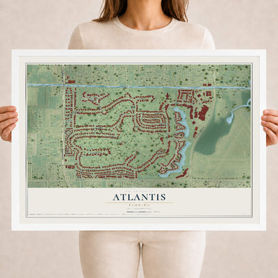 Atlantis, Florida map print, 18" x 24" W/ White Ayous Wood Frame mockup
