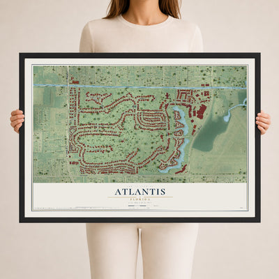 Atlantis, Florida map print, 24" x 36" W/ Black Ayous Wood Frame mockup