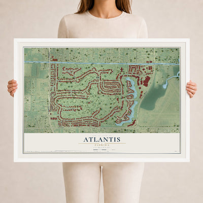Atlantis, Florida map print, 24" x 36" W/ White Ayous Wood Frame mockup