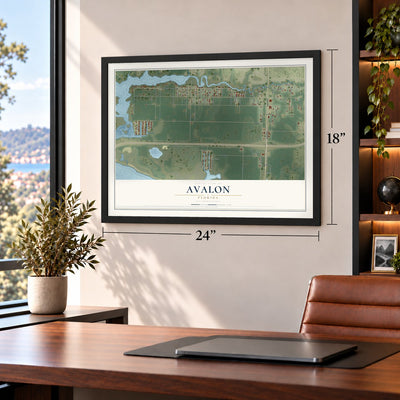 Avalon, Florida map, 18 x 24 inch print in a black frame in a home office