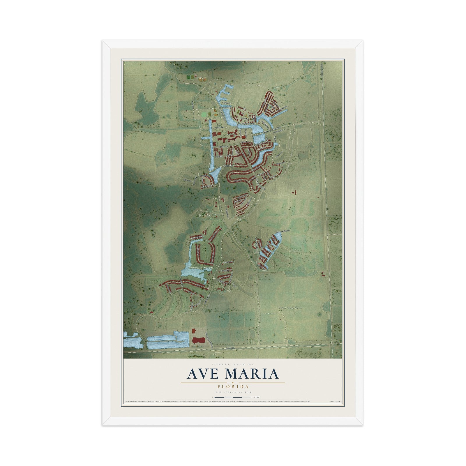 Ave Maria, Florida map print, 12" x 18" W/ White Ayous Wood Frame mockup