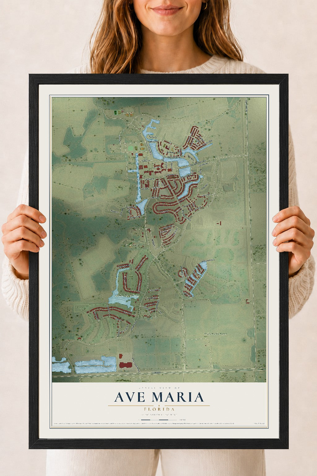 Ave Maria, Florida map print, 18" x 24" W/ Black Ayous Wood Frame mockup