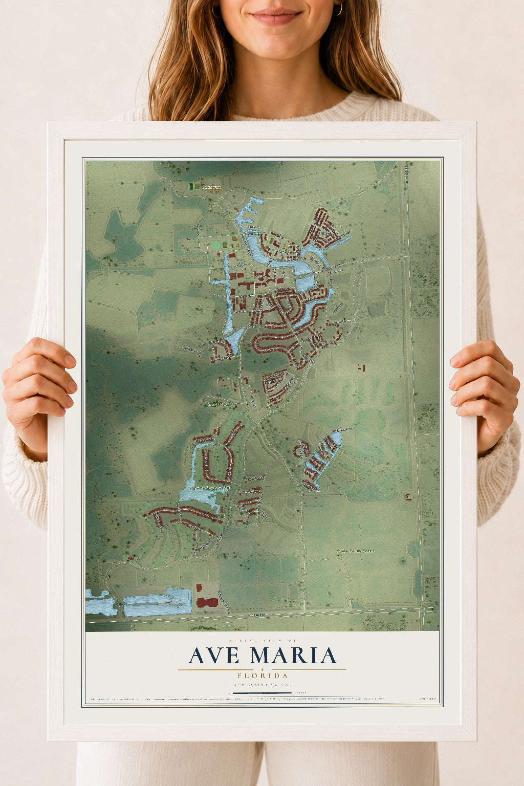 Ave Maria, Florida map print, 18" x 24" W/ White Ayous Wood Frame mockup
