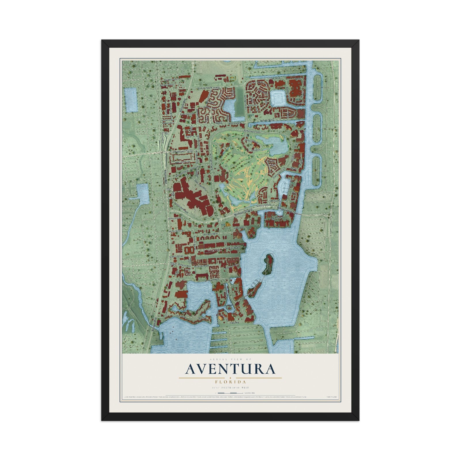Aventura, Florida map print, 12" x 18" W/ Black Ayous Wood Frame mockup