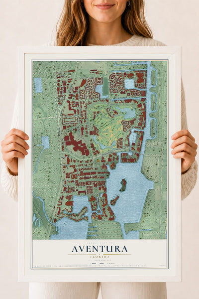 Aventura, Florida map print, 18" x 24" W/ White Ayous Wood Frame mockup