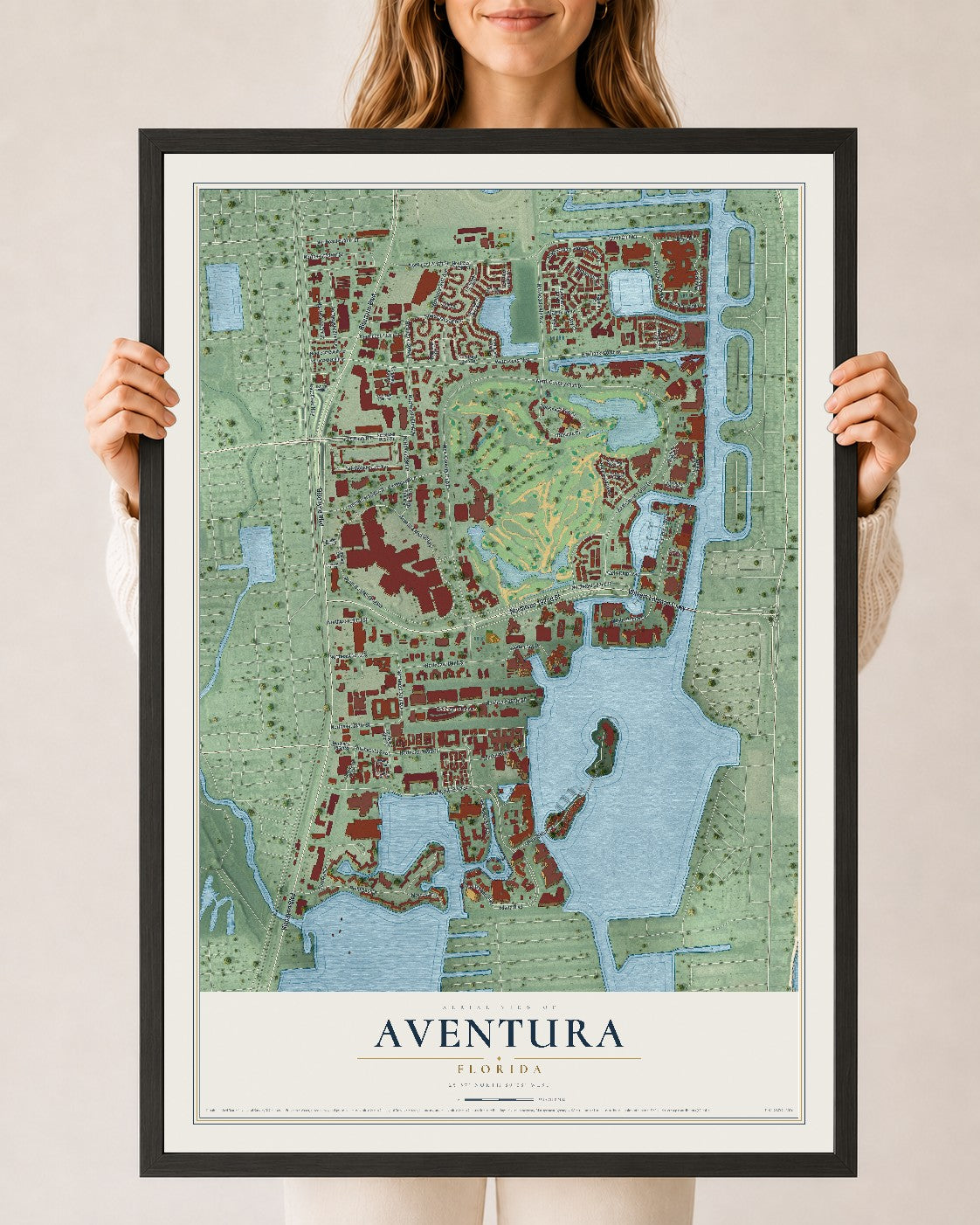 Aventura, Florida map print, 24" x 36" W/ Black Ayous Wood Frame mockup