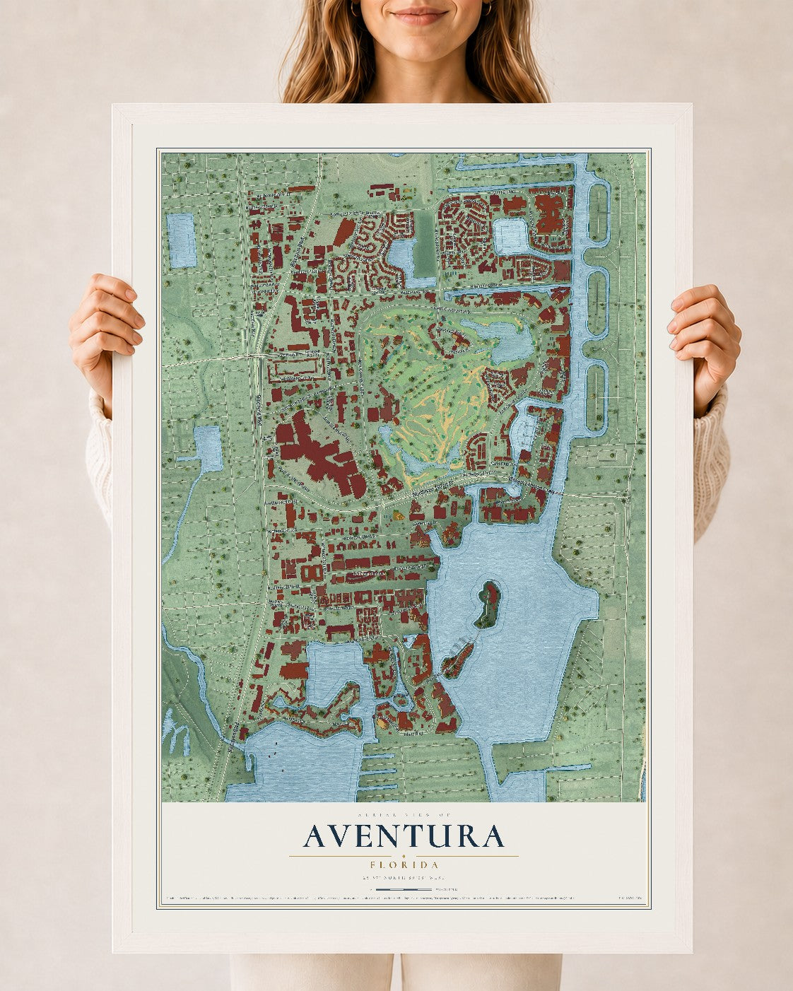 Aventura, Florida map print, 24" x 36" W/ White Ayous Wood Frame mockup