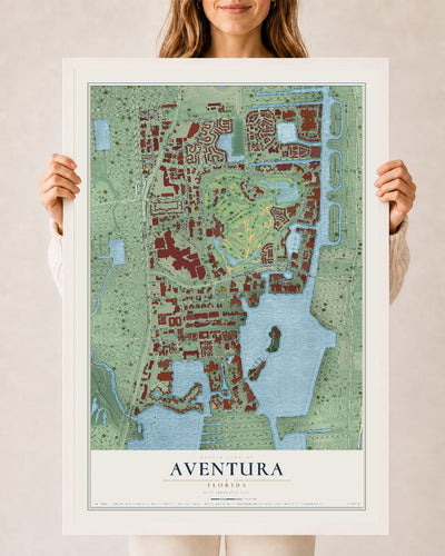 Aventura, Florida map print, 24" x 36" W/ White Ayous Wood Frame mockup