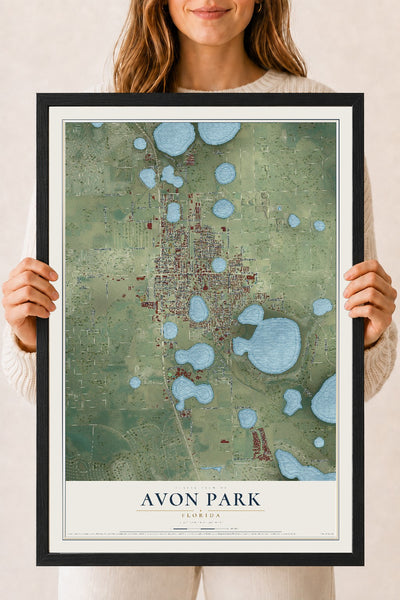 Avon Park, Florida map print, 18" x 24" W/ Black Ayous Wood Frame mockup
