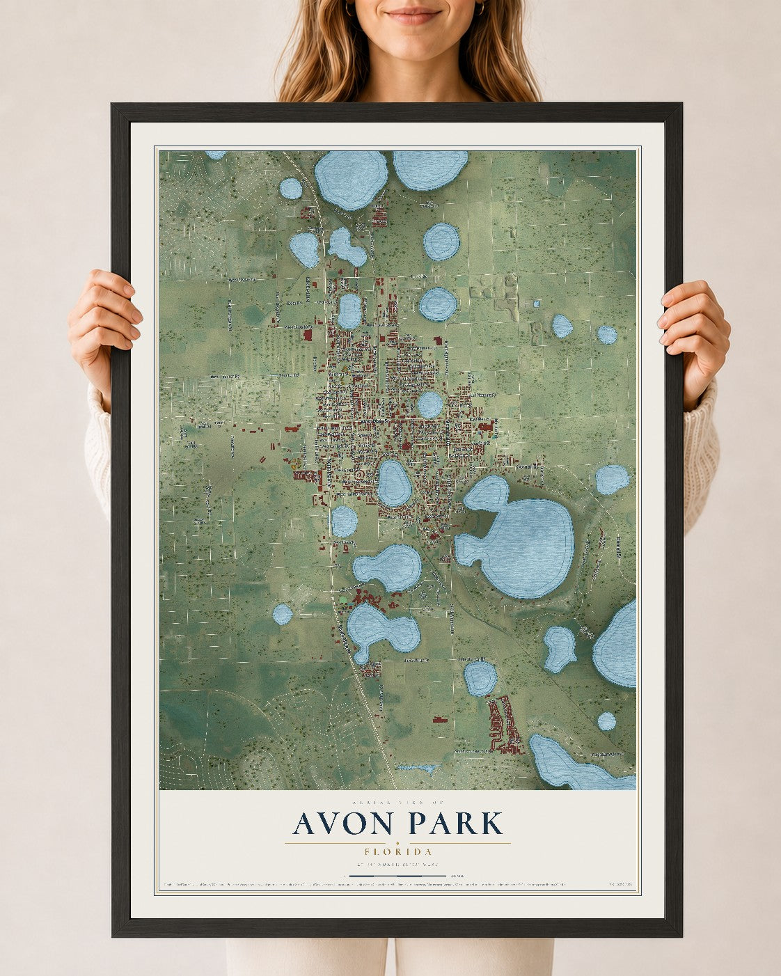 Avon Park, Florida map print, 24" x 36" W/ Black Ayous Wood Frame mockup