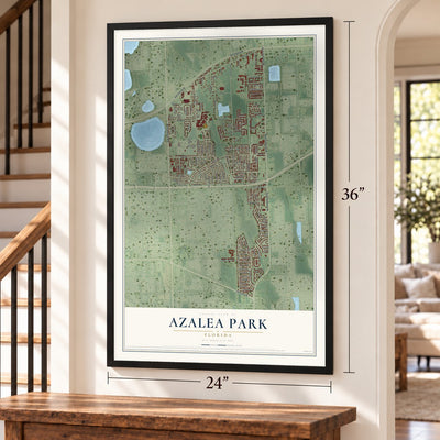 Azalea Park, Florida map, 24 x 36 inch print in a black frame by a staircase