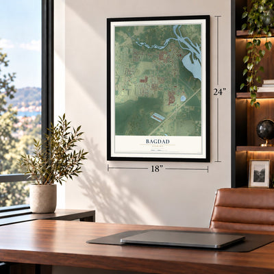 Bagdad, Florida map, 18 x 24 inch print in a black frame in a home office