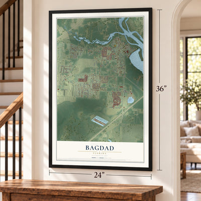 Bagdad, Florida map, 24 x 36 inch print in a black frame by a staircase