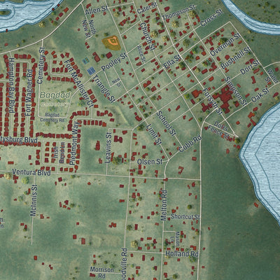 Close-up of the map of Bagdad, Florida print showing street and building detail