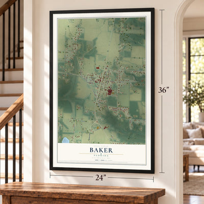 Baker, Florida map, 24 x 36 inch print in a black frame by a staircase