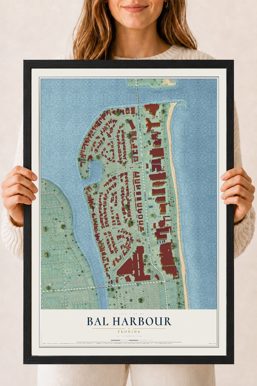 Bal Harbour, Florida map print, 18" x 24" W/ Black Ayous Wood Frame mockup