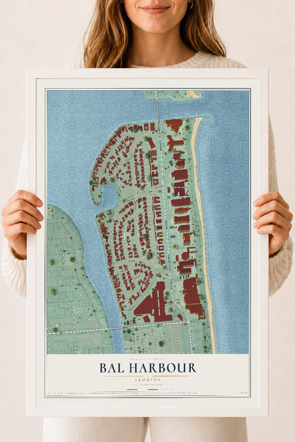 Bal Harbour, Florida map print, 18" x 24" W/ White Ayous Wood Frame mockup