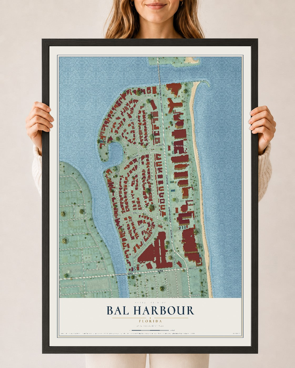 Bal Harbour, Florida map print, 24" x 36" W/ Black Ayous Wood Frame mockup
