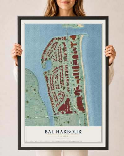 Bal Harbour, Florida map print, 24" x 36" W/ Black Ayous Wood Frame mockup