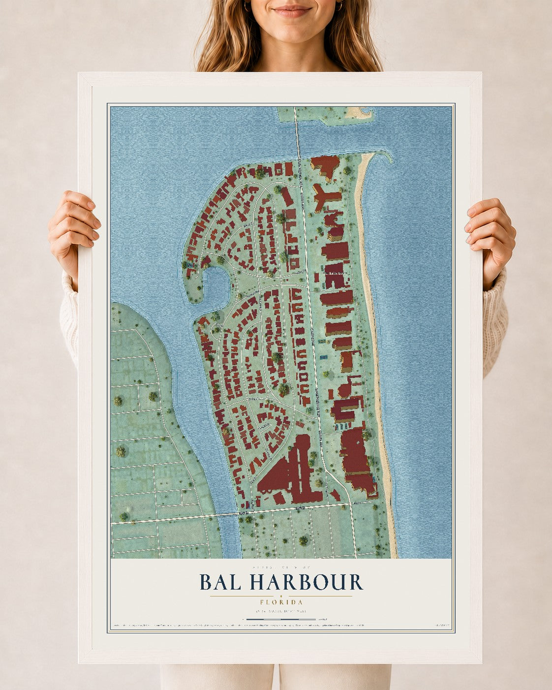 Bal Harbour, Florida map print, 24" x 36" W/ White Ayous Wood Frame mockup