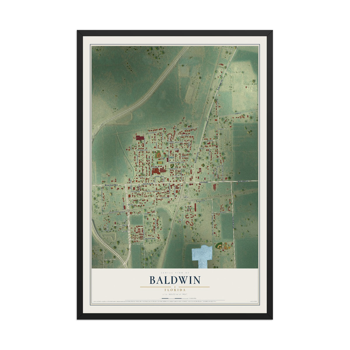 Baldwin, Florida map print, 12" x 18" W/ Black Ayous Wood Frame mockup