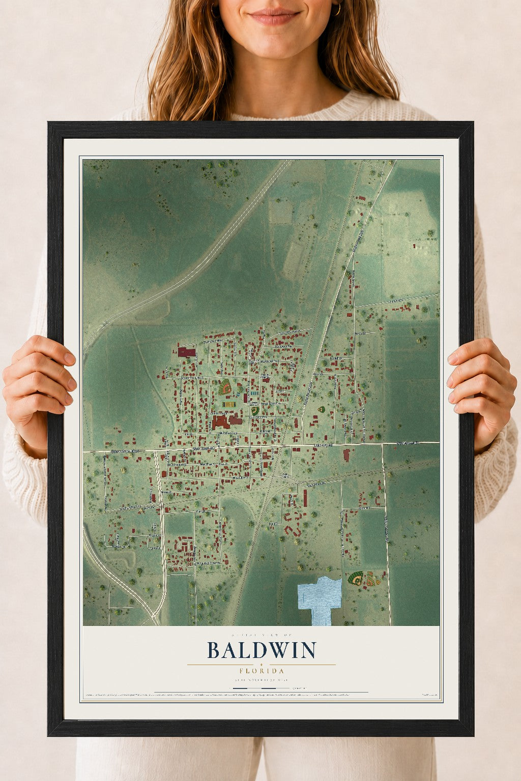 Baldwin, Florida map print, 18" x 24" W/ Black Ayous Wood Frame mockup