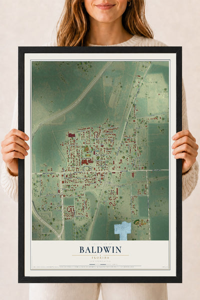 Baldwin, Florida map print, 18" x 24" W/ Black Ayous Wood Frame mockup
