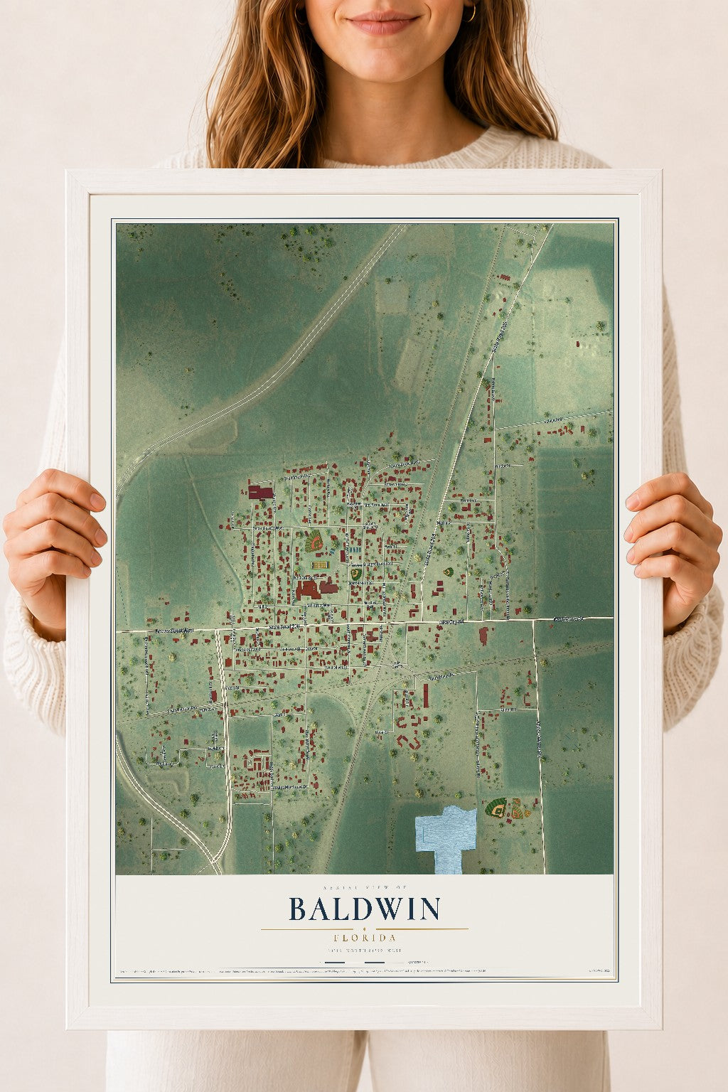 Baldwin, Florida map print, 18" x 24" W/ White Ayous Wood Frame mockup
