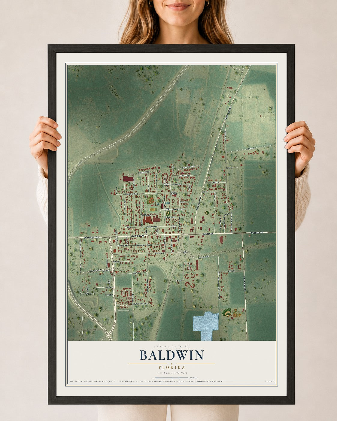 Baldwin, Florida map print, 24" x 36" W/ Black Ayous Wood Frame mockup