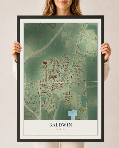 Baldwin, Florida map print, 24" x 36" W/ Black Ayous Wood Frame mockup