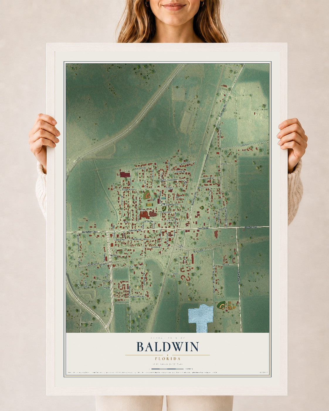 Baldwin, Florida map print, 24" x 36" W/ White Ayous Wood Frame mockup