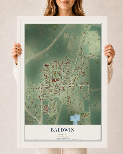 Baldwin, Florida map print, 24" x 36" W/ White Ayous Wood Frame mockup