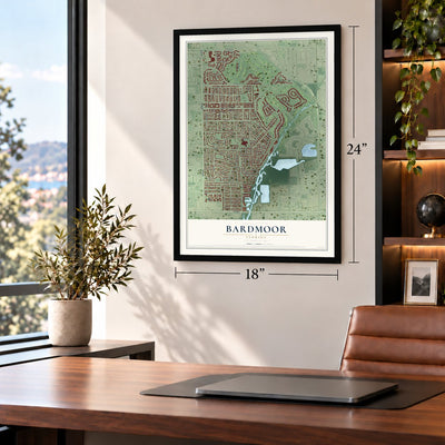 Bardmoor, Florida map, 18 x 24 inch print in a black frame in a home office