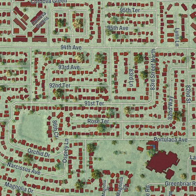 Close-up of the map of Bardmoor, Florida print showing street and building detail