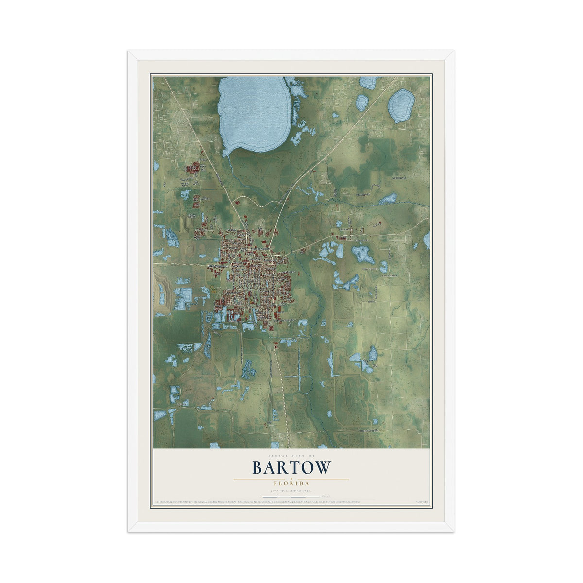 Bartow, Florida map print, 12" x 18" W/ White Ayous Wood Frame mockup
