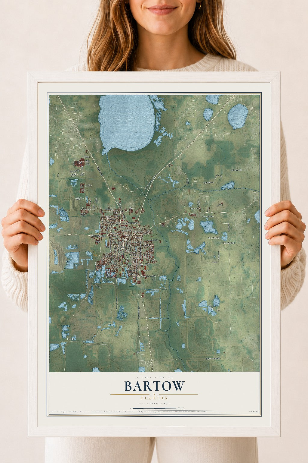 Bartow, Florida map print, 18" x 24" W/ White Ayous Wood Frame mockup