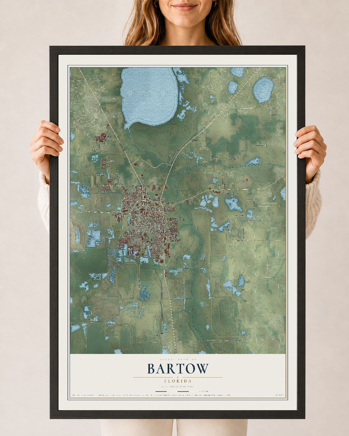 Bartow, Florida map print, 24" x 36" W/ Black Ayous Wood Frame mockup