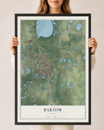Bartow, Florida map print, 24" x 36" W/ Black Ayous Wood Frame mockup