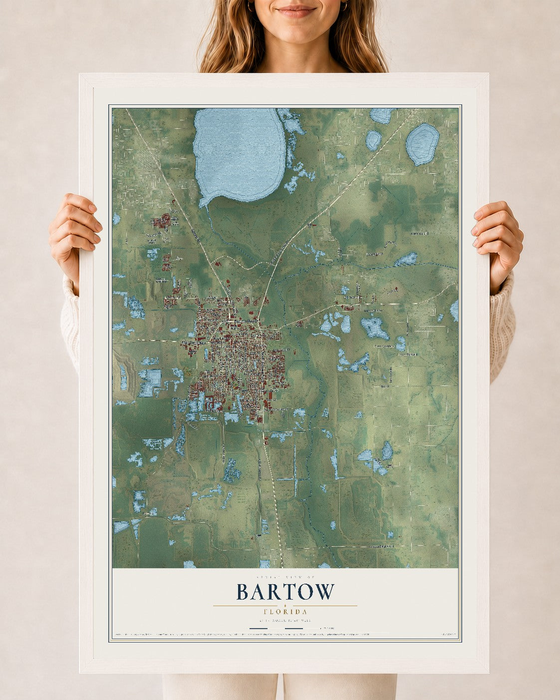 Bartow, Florida map print, 24" x 36" W/ White Ayous Wood Frame mockup