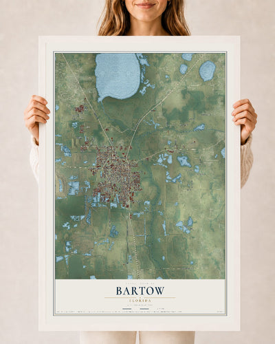 Bartow, Florida map print, 24" x 36" W/ White Ayous Wood Frame mockup