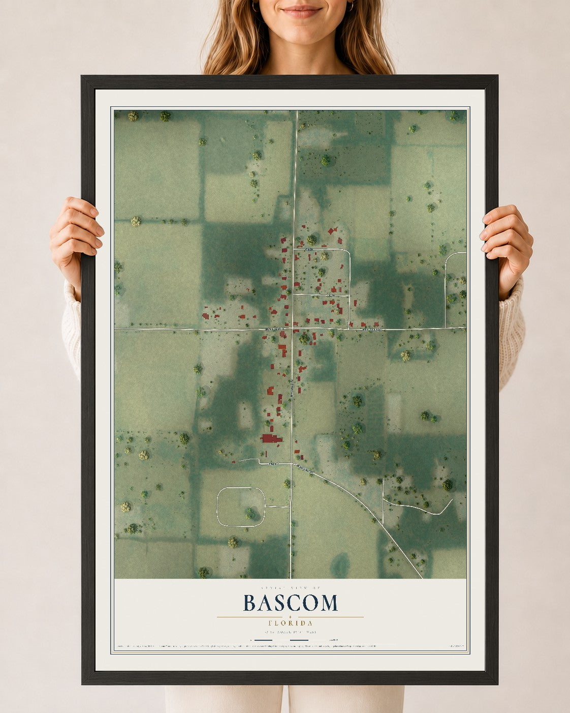 Bascom, Florida map print, 24" x 36" W/ Black Ayous Wood Frame mockup