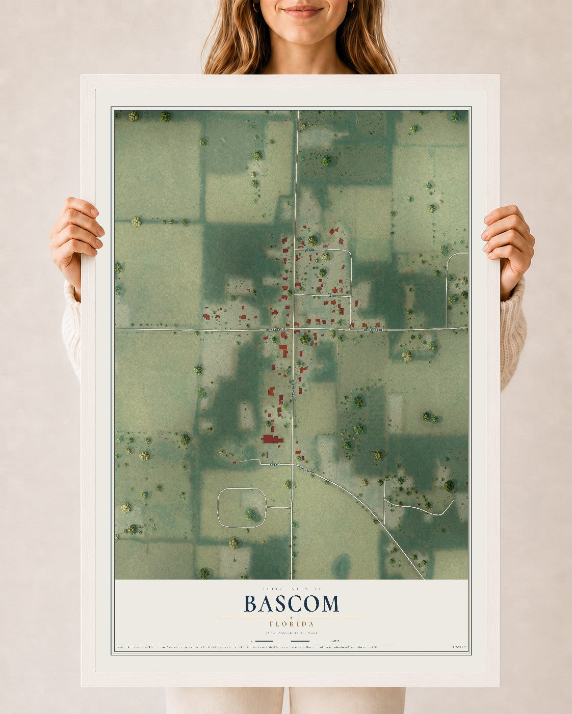 Bascom, Florida map print, 24" x 36" W/ White Ayous Wood Frame mockup