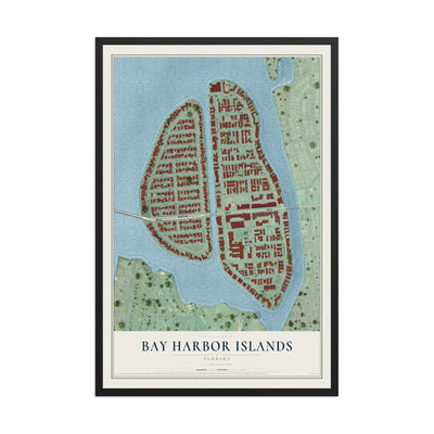 Bay Harbor Islands, Florida map print, 12" x 18" W/ Black Ayous Wood Frame mockup