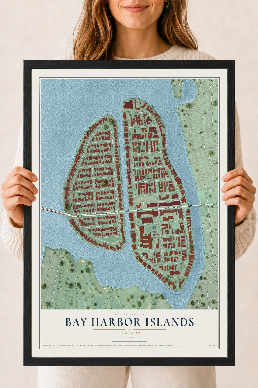 Bay Harbor Islands, Florida map print, 18" x 24" W/ Black Ayous Wood Frame mockup